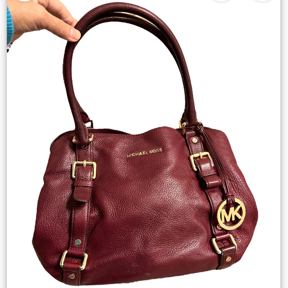 Michael Kors Satchel Maroon Red Leather Gold Accents Double Handle
